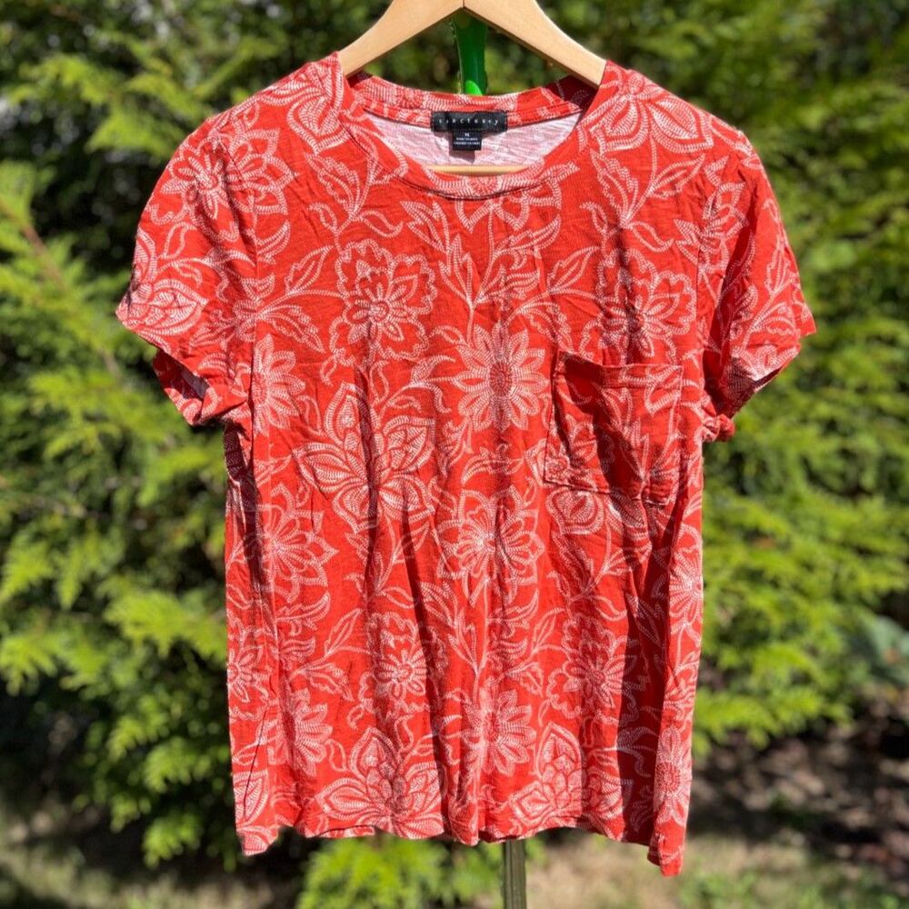 Sanctuary Floral Print Shirt Women's XL Orange White Short Sleeve